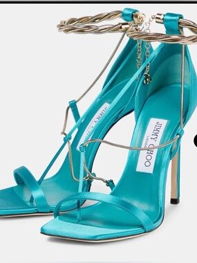 Jimmy Choo Teal Satin Chain-Detail High Heel Sandals